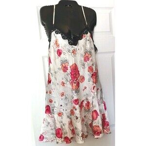 Delicates Slip Dress Sz Medium Floral Print Lace Trim Chemise Gown Lingerie Vtg